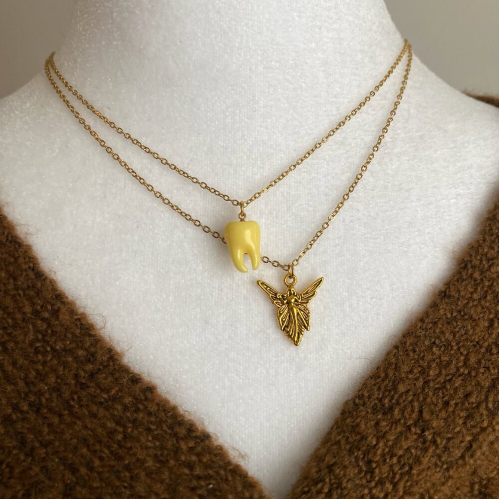 Handmade 18K GOLD STAINLESS STEEL Necklace Tooth Fairy Teeth Whimsical Jewelry - Picture 3 of 4